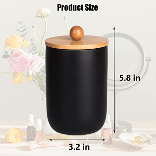 JiatuA Qtip Holder Dispenser with Bamboo Lids, Matte Black Ceramic Apothecary Jar Containers Cotton Ball Holder for Vanity Makeup Organizer Bathroom Canister Storage Farmhouse Decor, 2 Pack