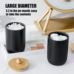 JiatuA Qtip Holder Dispenser with Bamboo Lids, Matte Black Ceramic Apothecary Jar Containers Cotton Ball Holder for Vanity Makeup Organizer Bathroom Canister Storage Farmhouse Decor, 2 Pack