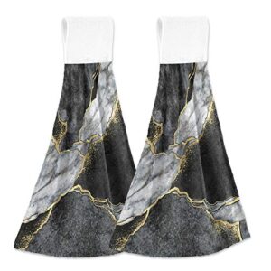 oarencol marble kitchen hand towel black white gold stone art absorbent hanging tie towels with loop for bathroom 2 pcs