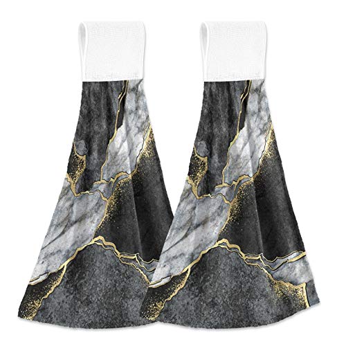 Oarencol Marble Kitchen Hand Towel Black White Gold Stone Art Absorbent Hanging Tie Towels with Loop for Bathroom 2 Pcs