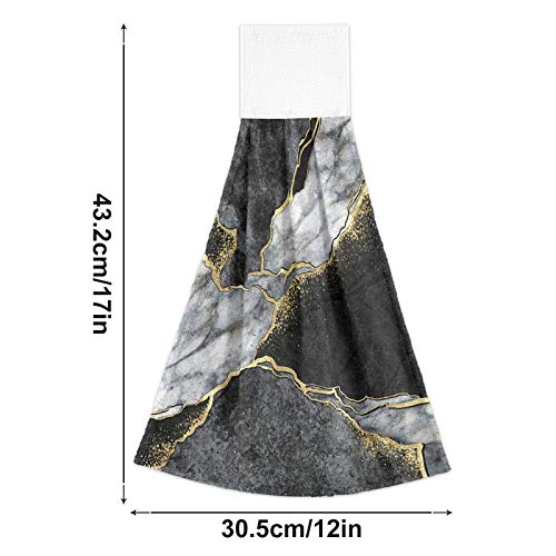 Oarencol Marble Kitchen Hand Towel Black White Gold Stone Art Absorbent Hanging Tie Towels with Loop for Bathroom 2 Pcs