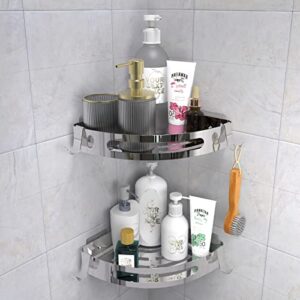 FOTN Shower Caddy Basket, NO Drilling Shower Shelf Adhesive Corner Shower Organizer with Hooks for Bathroom Kitchen Toilet Storage Shelf, Rustproof 304 Stainless Steel Shower Rack, 2 Pack (silver)