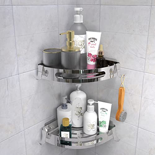 FOTN Shower Caddy Basket, NO Drilling Shower Shelf Adhesive Corner Shower Organizer with Hooks for Bathroom Kitchen Toilet Storage Shelf, Rustproof 304 Stainless Steel Shower Rack, 2 Pack (silver)