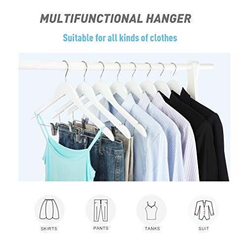 TOPIA HANGER Wooden Suit Hangers with Adjustable Metal Clips (10 Pack), Solid Smooth Wood Clothes Hangers, 360° Swivel Hook, Premium Pants Hangers for Clothes Coat, Jeans, Blouse-White,CT28W