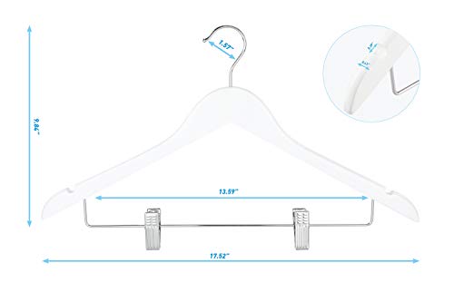 TOPIA HANGER Wooden Suit Hangers with Adjustable Metal Clips (10 Pack), Solid Smooth Wood Clothes Hangers, 360° Swivel Hook, Premium Pants Hangers for Clothes Coat, Jeans, Blouse-White,CT28W