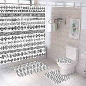 4 pcs black and white shower curtain sets with non-slip rugs,toilet lid cover and u-shaped mat,bohemian geometric waterproof durable shower curtains for bathroom