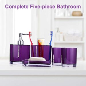 Purple Bathroom Accessories Set, 5 Pcs Bath Ensemble Kit Square Acrylic Bathroom Set Bathroom Home Decor Clearance with 2 Cups, Toothbruch Holder Set, Dish