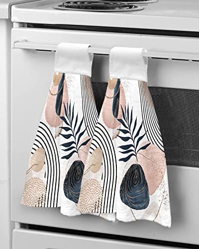 2 Pcs Hanging Towels Abstract Art Navy Blue Pink Geometry Palm Tree Bohemia Hand Towels Dish Towel for Kitchen Bathroom Absorbent Tie Towels Tea Bar Towels with Loop