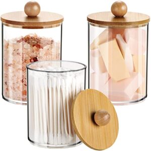 qtip dispenser apothecary jars with bamboo lids - clear plastic vanity makeup organizer storage canister - bathroom accessories for q-tips, cotton swab, cotton ball, cotton rounds, floss (3)