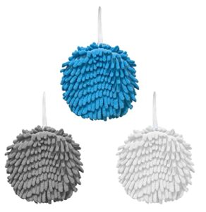 imaylex 3 pack chenille fuzzy ball hand towels, quick dry and high absorbent microfiber hand towels with hanging loops for kitchen bathroom, 7" x 7", white & blue & grey