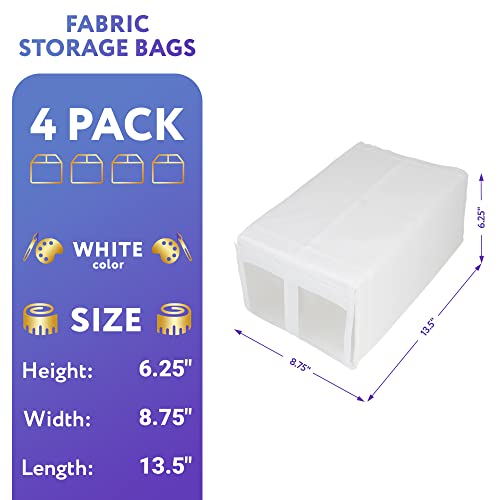 APQ Closet Storage Boxes with Lids, Hook and Loop Fasteners, 13.5 x 8.75 x 6.25, Pack of 4 White Fabric Boxes for Storage, Roomy Dense Oxford Cloth Collapsible Storage Box, Odorless Fabric Storage Box