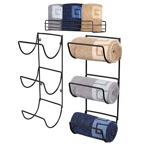 NearMoon Towel Rack Wall Mounted- All Metal Bathroom 2 Towel Rack Holders+ Hand Towel Storage Basket, Rustproof 3 Level Wine Rack Storage Organizer for Hand Towels, Washcloths, 2+1 Pack (Matte Black)