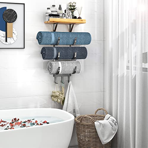 Towel Rack, Wall Mounted Metal Towel Holder for Bathroom Wall,Towel Storage Racks with 3 Compartments and 3 Hooks Black