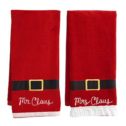 St. Nicholas Square Christmas Towels, Red Bath Hand Towel Set of 2, Mr. & Mrs. Claus with Santa Belt Decorative Design 25 x 16 Inches Bathroom Decorating for The Holidays