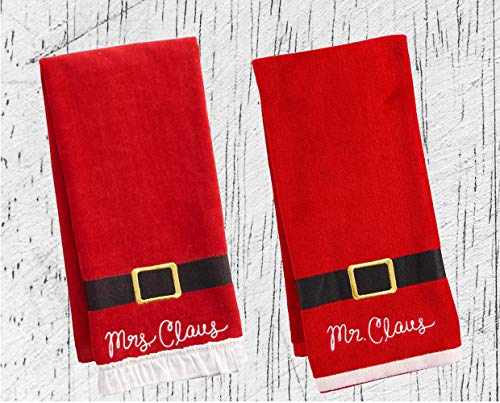 St. Nicholas Square Christmas Towels, Red Bath Hand Towel Set of 2, Mr. & Mrs. Claus with Santa Belt Decorative Design 25 x 16 Inches Bathroom Decorating for The Holidays