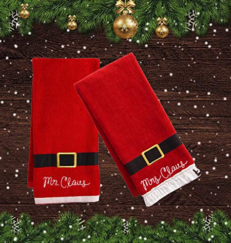 St. Nicholas Square Christmas Towels, Red Bath Hand Towel Set of 2, Mr. & Mrs. Claus with Santa Belt Decorative Design 25 x 16 Inches Bathroom Decorating for The Holidays