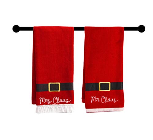 St. Nicholas Square Christmas Towels, Red Bath Hand Towel Set of 2, Mr. & Mrs. Claus with Santa Belt Decorative Design 25 x 16 Inches Bathroom Decorating for The Holidays