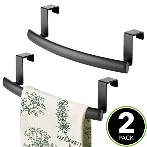 mDesign Steel Over Door Curved Towel Bar Storage, Hanger for Cabinet or Cupboard, Holder Rack for Kitchen, Bathroom - Holds Hand/Dish Towels, Washcloths - Spira Collection - 2 Pack - Black