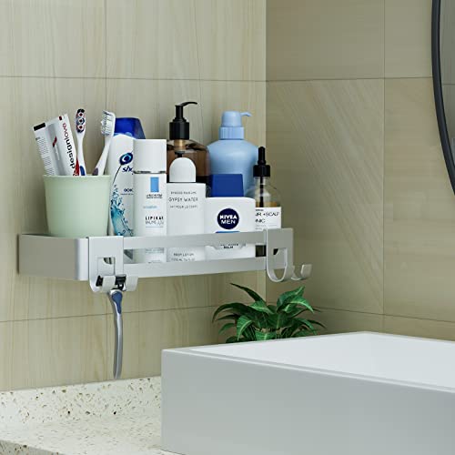 newaredy Bathroom Shelves Storage Shower Shelves Wall Mounted Shower Caddy Shelf Aluminum Adhesive Bathroom Organizer Storage Basket Corner Shelf with 2 Hooks