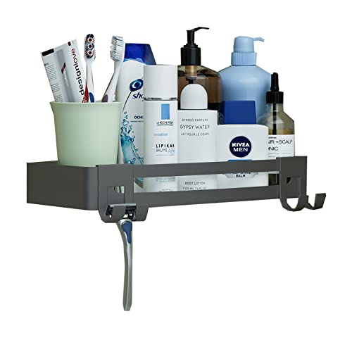 newaredy Bathroom Shelves Storage Shower Shelves Wall Mounted Shower Caddy Shelf Aluminum Adhesive Bathroom Organizer Storage Basket Corner Shelf with 2 Hooks