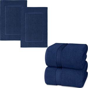 utopia towels bundle pack of 600 gsm bath sheet set (2-pack) and banded bath mats (2-pack) – 100% ring-spun cotton – highly absorbent – soft & luxurious – navy