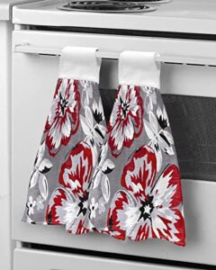 kitchen towels with hanging loop 2 pack, blooming vintage flowers soft absorbent hand towels for bathroom bar home decor red gray dish towels reusable washable cleaning cloth