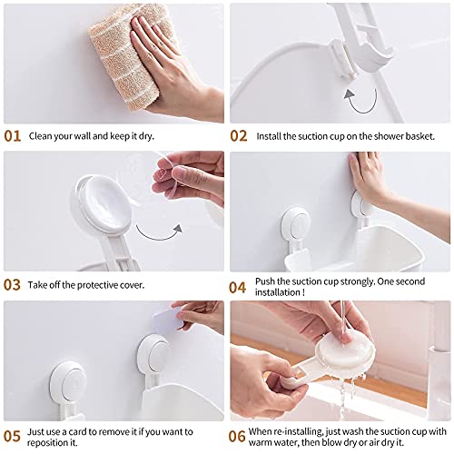 LEVERLOC Shower Caddy Suction Cup & Shower Caddy with 4 Hooks One Second Installation Removable Powerful Shower Organizer Max Hold 22lbs Suction Bathroom Caddy Waterproof Shower Storage