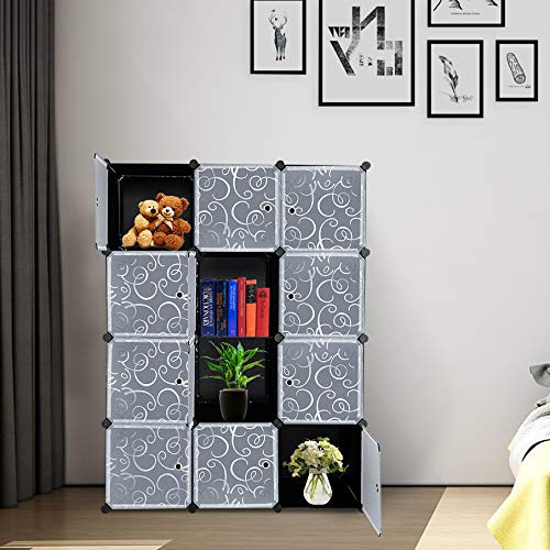 VINGLI Cube Storage, 12 Cubes Shelves Units, Closet Cabinet Bookshelf, DIY Plastic Modular Storage Cube Organizer w/Pattern White Doors and Hammer - Black