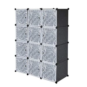 VINGLI Cube Storage, 12 Cubes Shelves Units, Closet Cabinet Bookshelf, DIY Plastic Modular Storage Cube Organizer w/Pattern White Doors and Hammer - Black