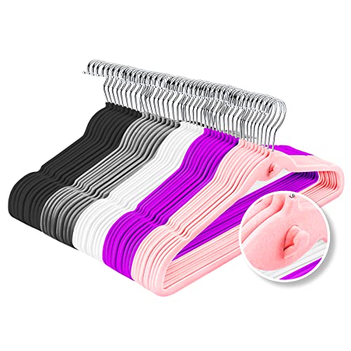 HozyFrozy Multi-Color Premium Velvet Hangers with Mini Hooks, Pack of 50, Non-Slip Space Saving Cascading Clothes and Suit Hangers, Purple, Pink, White, Grey and Black