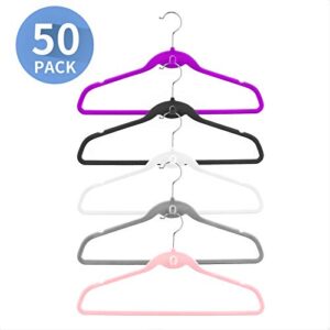 HozyFrozy Multi-Color Premium Velvet Hangers with Mini Hooks, Pack of 50, Non-Slip Space Saving Cascading Clothes and Suit Hangers, Purple, Pink, White, Grey and Black