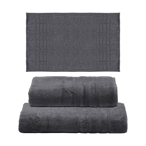 Mosobam Hotel Luxury Bamboo Viscose-Cotton, 3pc Mixed Bath Bundle 1000 GSM Bath Mat at 28X44 and 700 GSM Bath Sheet at 35X70 and Bath Towel at 30X58, Charcoal Grey