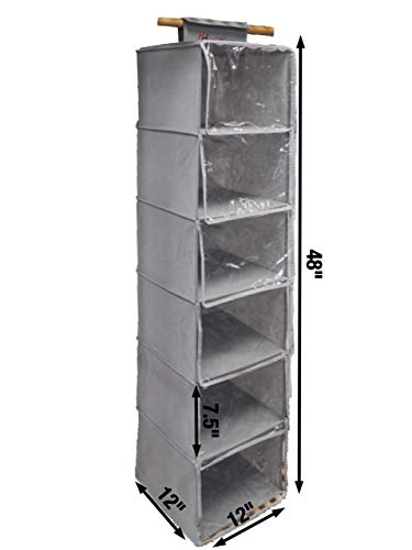 Hat-Headz Hanging Closet Organizer 6 Shelves PVC Curtain Protection 12”x 12” 48" Closet Organizers and Storage Hanging Shoes Hats Bags and More -Grey