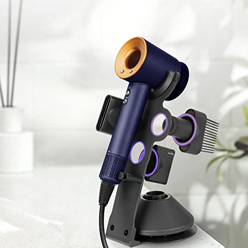 genyen eye Hair Dryer Holder Stand for Dyson Hair Dryer, Upgraded Dyson Hair Dryer Holder Dyson Hair Dryer Stand Black to Store 5 Dyson Hair Dryer Attachments with Cable Hook