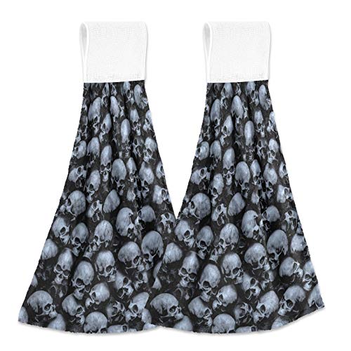 Oarencol Halloween Skull Kitchen Hand Towel Day of The Dead Absorbent Hanging Tie Towels with Loop for Bathroom 2 Pcs