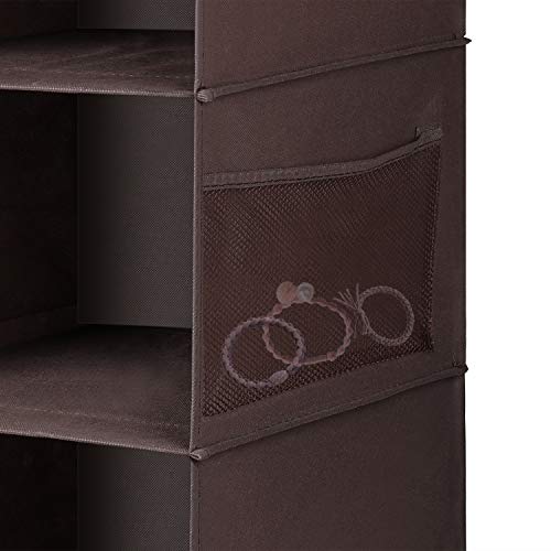 Flexzion Hanging Shoe Shelves, 5 Shelf Cloth Closet, Clothing Storage Organizers w/ 6 Side Mesh Pockets, Portable Suspended Hanger Holder, Wall/Over The Door Design for Wardrobe Bed Bathroom, Brown