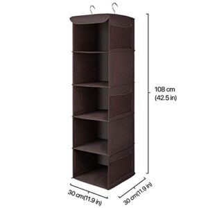 Flexzion Hanging Shoe Shelves, 5 Shelf Cloth Closet, Clothing Storage Organizers w/ 6 Side Mesh Pockets, Portable Suspended Hanger Holder, Wall/Over The Door Design for Wardrobe Bed Bathroom, Brown