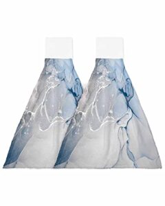 bobowuny marble 2 pcs hanging kitchen hand towels, modern abstract ombre blue grey farmhouse super soft microfiber tie towels aborbent washcloth for bathroom oven tea bar