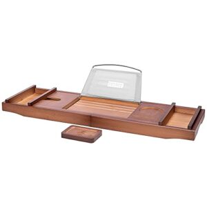vivohome expandable 43 inch bamboo bathtub caddy tray with smartphone tablet book holders, soap tray, wine glass slot, brown