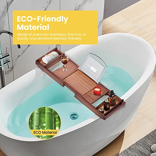 VIVOHOME Expandable 43 Inch Bamboo Bathtub Caddy Tray with Smartphone Tablet Book Holders, Soap Tray, Wine Glass Slot, Brown