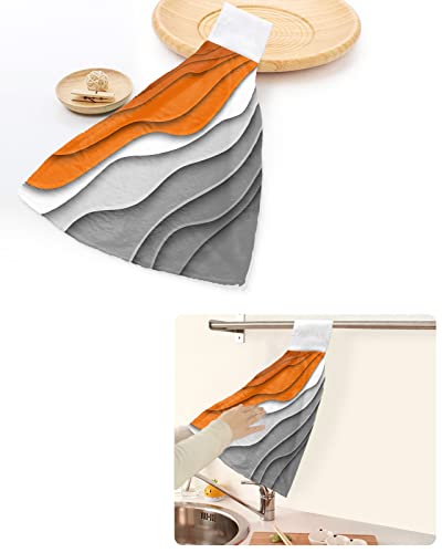 Hanging Tie Towel for Kitchen Bathroom, 2 Pack Orange Grey Gradient Geometric Durable Absorbent Hand Towels Hangable Washing Cloths Home Cleaning Decor Modern Abstract Ripple Art