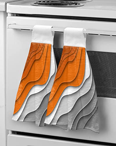 Hanging Tie Towel for Kitchen Bathroom, 2 Pack Orange Grey Gradient Geometric Durable Absorbent Hand Towels Hangable Washing Cloths Home Cleaning Decor Modern Abstract Ripple Art