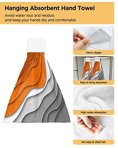 Hanging Tie Towel for Kitchen Bathroom, 2 Pack Orange Grey Gradient Geometric Durable Absorbent Hand Towels Hangable Washing Cloths Home Cleaning Decor Modern Abstract Ripple Art