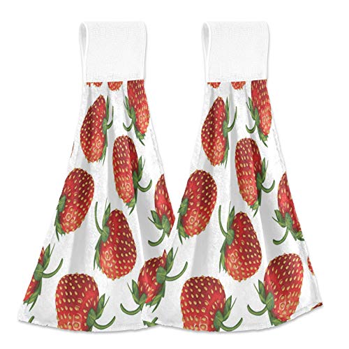 xigua 2 Pieces Strawberry Fruit Kitchen Towels with Hanging Loop, Soft Microfiber Absorbent Hanging Hand Towel for Kitchen Bathroom Mudroom Laundry Room, 12x17 in