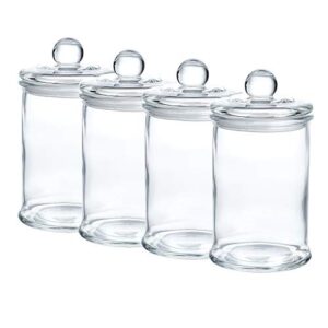 whole housewares | glass apothecary jars bathroom storage organizer canisters for cotton swabs, cotton balls, makeup sponges, bath salts, hair ties, makeup | (d3.1" xh5.7")