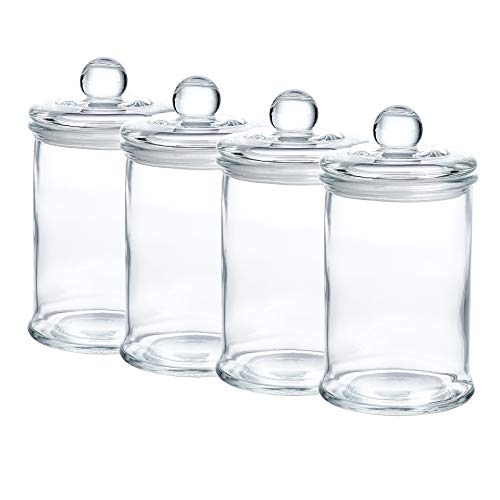 WHOLE HOUSEWARES | Glass Apothecary Jars Bathroom Storage Organizer Canisters For Cotton Swabs, Cotton Balls, Makeup Sponges, Bath Salts, Hair Ties, Makeup | (D3.1" XH5.7")