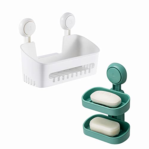 TAILI Suction Cup Storage Basket Set Pack of 2 Soap Holder + Shower Caddy Wall Mounted Organizer for Shampoo,Soap, Conditioner, Drill-Free with Vacuum Suction Cup for Kitchen & Bathroom