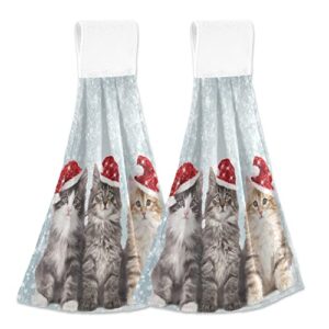 ffyho winter santa cats hanging kitchen towel with loop 2 pack xmas christmas cute kitten hand towels soft microfiber coral velvet tie towel decor for bathroom oven absorbent washcloth