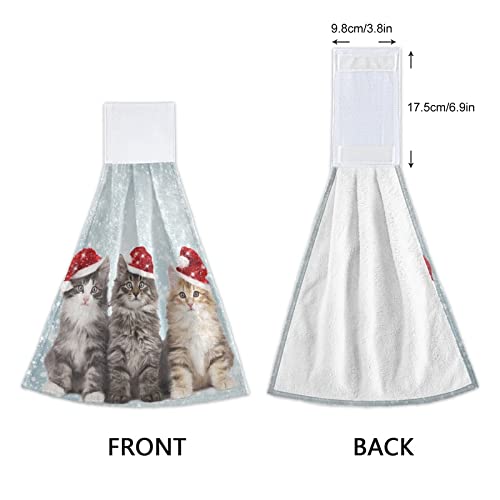 FFYHO Winter Santa Cats Hanging Kitchen Towel with Loop 2 Pack Xmas Christmas Cute Kitten Hand Towels Soft Microfiber Coral Velvet Tie Towel Decor for Bathroom Oven Absorbent Washcloth