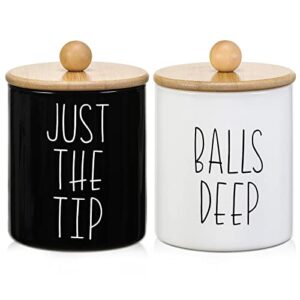 2 pack apothecary jars with bamboo lids for bathroom organization - qtip holder and cotton ball dispenser- rustic farmhouse home decor clearance gift - cute bathroom organizer canisters, accessories